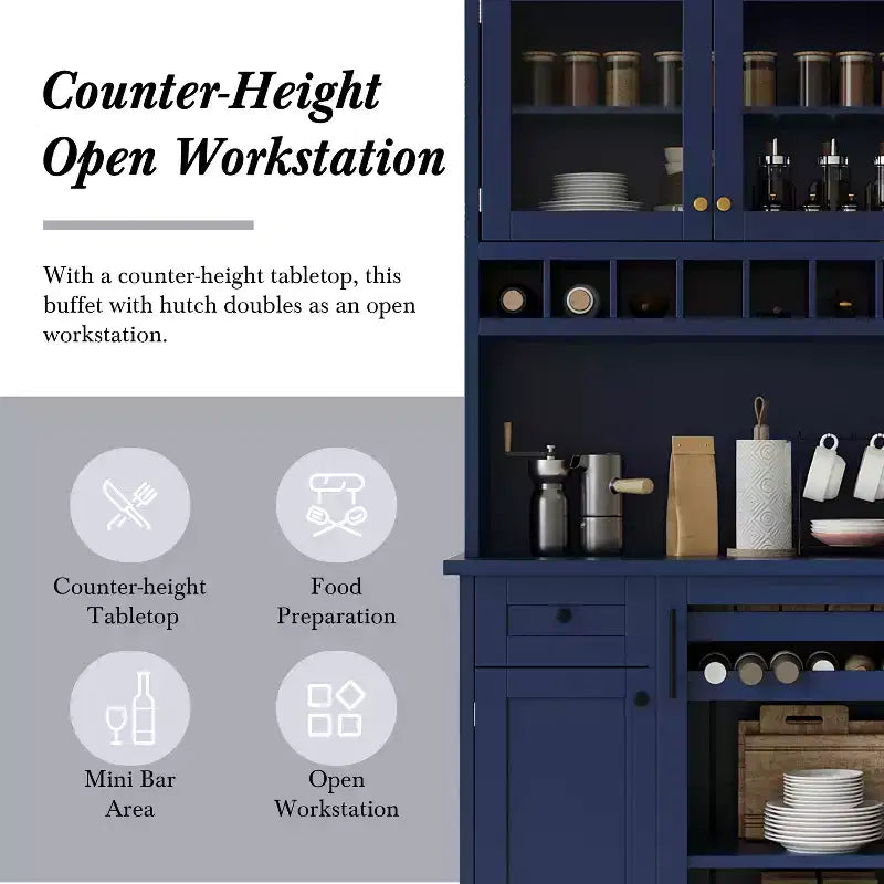 Farmhouse Freestanding Buffet with Hutch, Tall Kitchen Pantry Storage Cabinet with Wine Rack and Adjustable Shelves for Dining Room