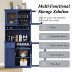 Farmhouse Freestanding Buffet with Hutch, Tall Kitchen Pantry Storage Cabinet with Wine Rack and Adjustable Shelves for Dining Room