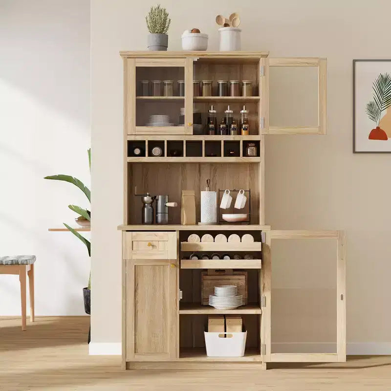 Farmhouse Freestanding Buffet with Hutch, Tall Kitchen Pantry Storage Cabinet with Wine Rack and Adjustable Shelves for Dining Room