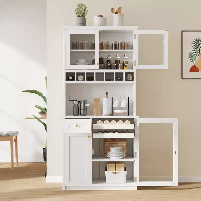 Farmhouse Freestanding Buffet with Hutch, Tall Kitchen Pantry Storage Cabinet with Wine Rack and Adjustable Shelves for Dining Room