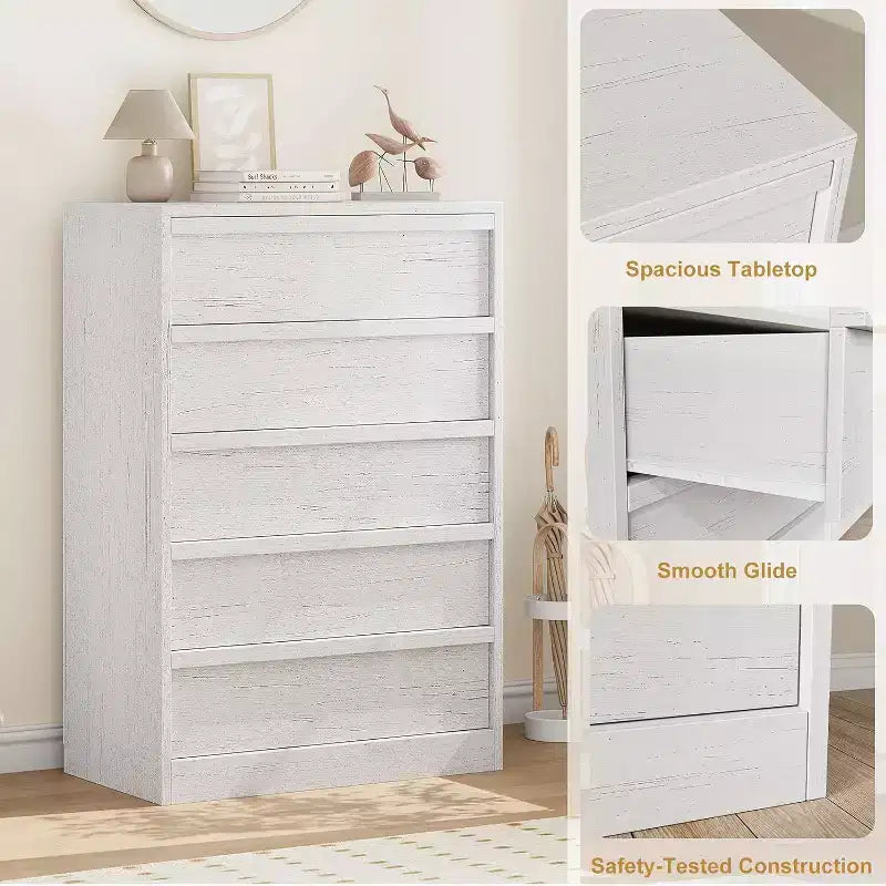 Modern 5 Drawer Dresser with Large Storage for Bedroom, Living Room, Nursery, Entryway, White