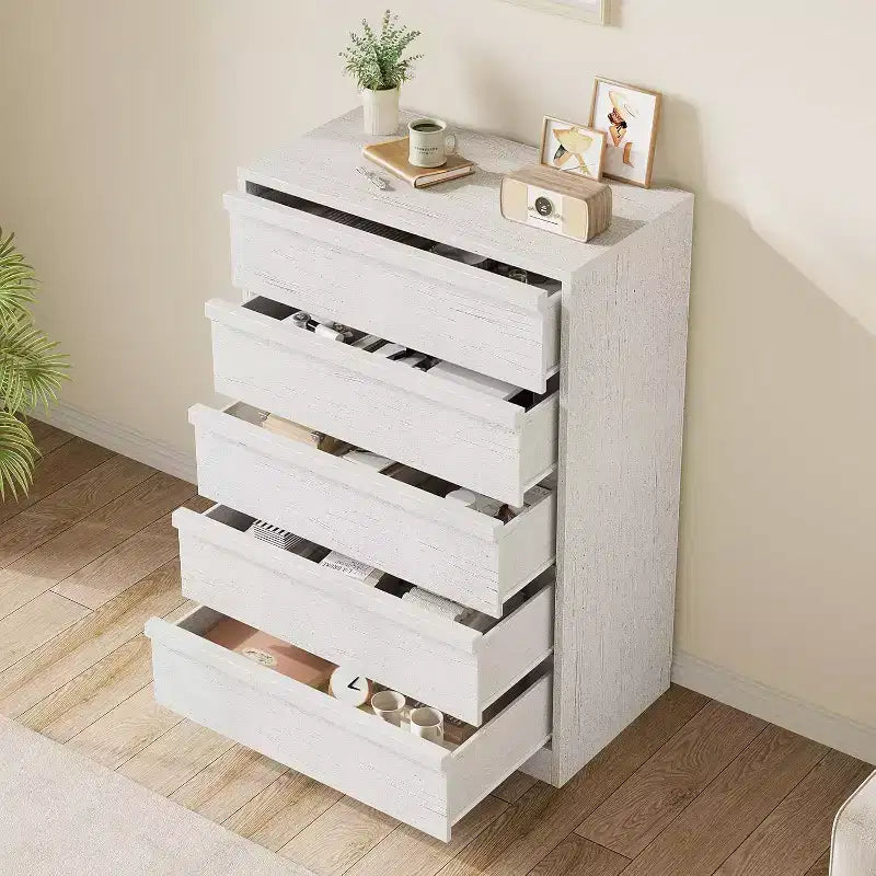 Modern 5 Drawer Dresser with Large Storage for Bedroom, Living Room, Nursery, Entryway, White