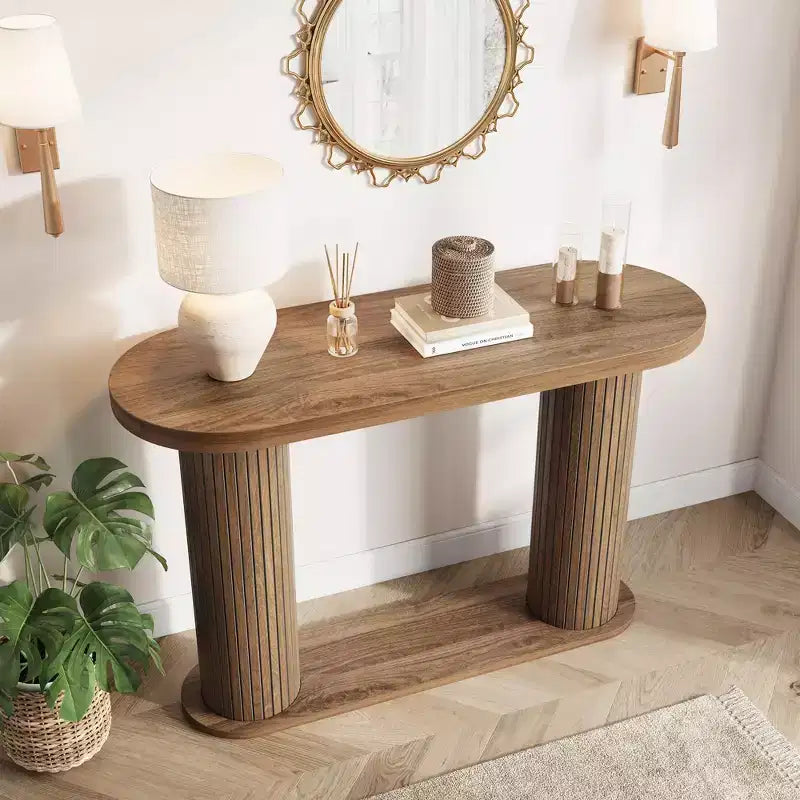 Modern Oval Fluted Entryway Table 42.5, Narrow Sofa Table with Storage Shelf for Living Room & Behind Couch
