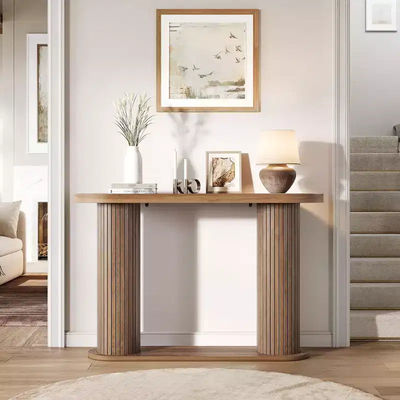 Modern Oval Fluted Entryway Table 42.5, Narrow Sofa Table with Storage Shelf for Living Room & Behind Couch