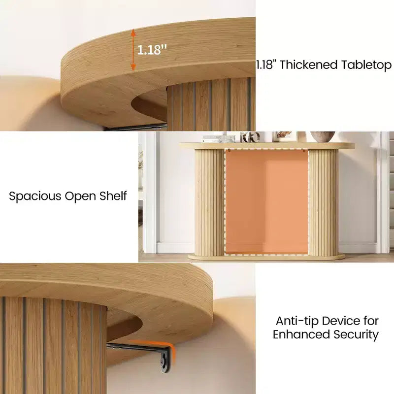 Modern Oval Fluted Entryway Table 42.5, Narrow Sofa Table with Storage Shelf for Living Room & Behind Couch