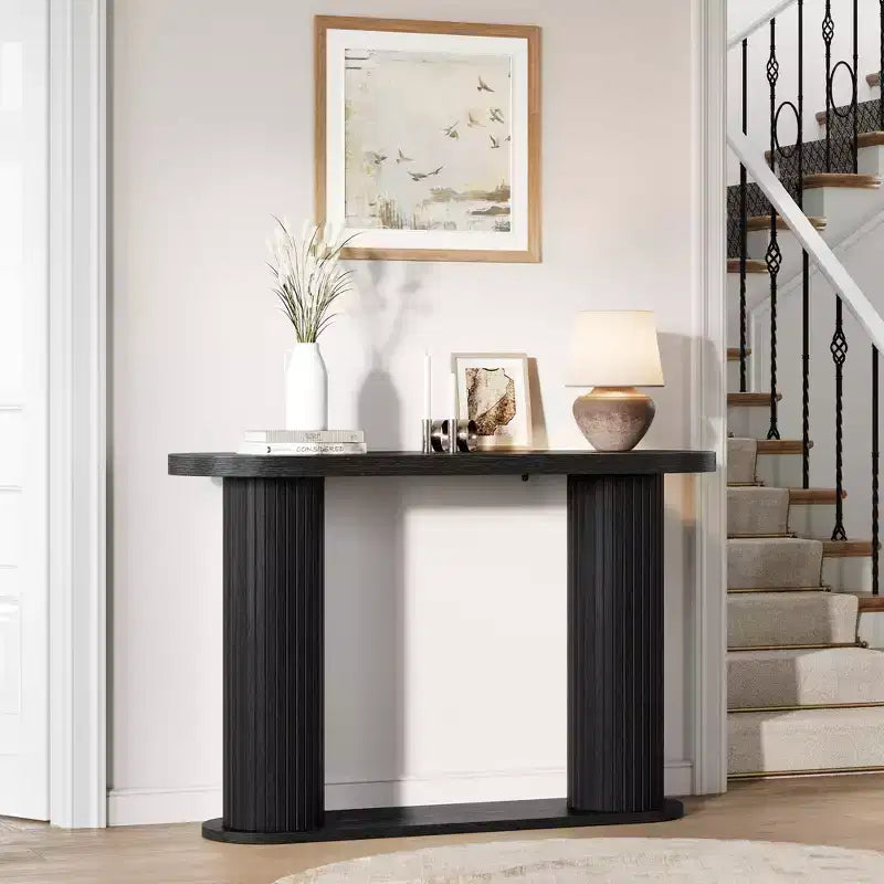 Modern Oval Fluted Entryway Table 42.5, Narrow Sofa Table with Storage Shelf for Living Room & Behind Couch