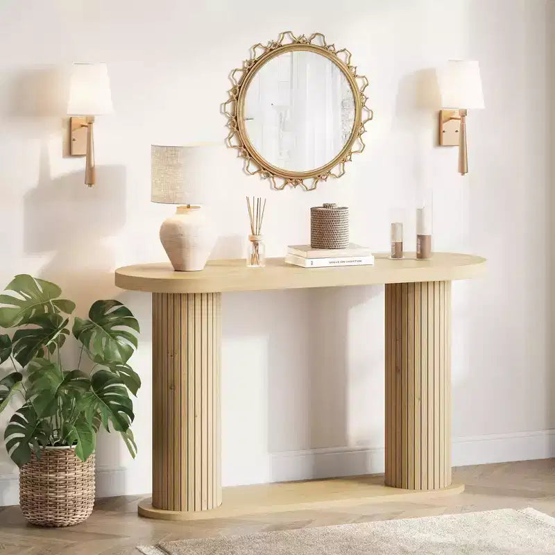 Modern Oval Fluted Entryway Table 42.5, Narrow Sofa Table with Storage Shelf for Living Room & Behind Couch