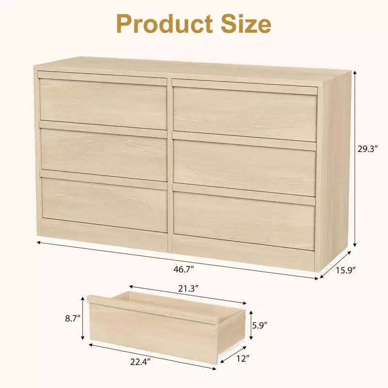 47 Wide 6-Drawer Dresser for Bedroom, Wooden Chest of Drawers with Large Storage, Closet Organizer Furniture for Living Room