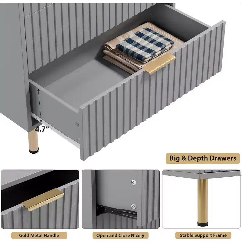 Modern Fluted 5 Drawer Dresser  48 Tall Wooden Chest with Deep Storage, Wide Top,for Home Office