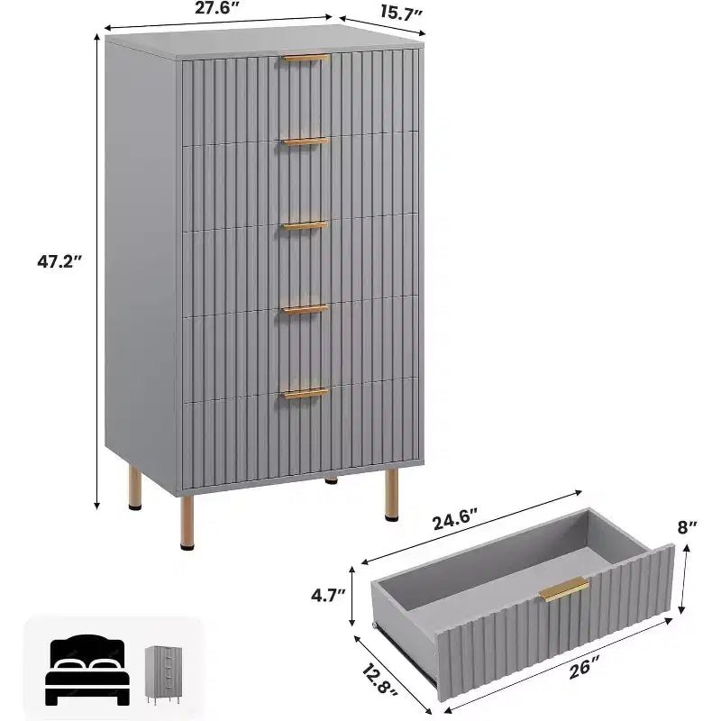 Modern Fluted 5 Drawer Dresser  48 Tall Wooden Chest with Deep Storage, Wide Top,for Home Office
