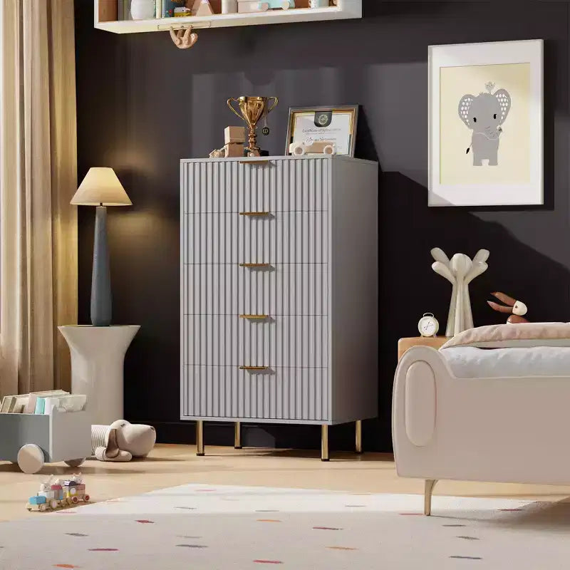 Modern Fluted 5 Drawer Dresser  48 Tall Wooden Chest with Deep Storage, Wide Top,for Home Office