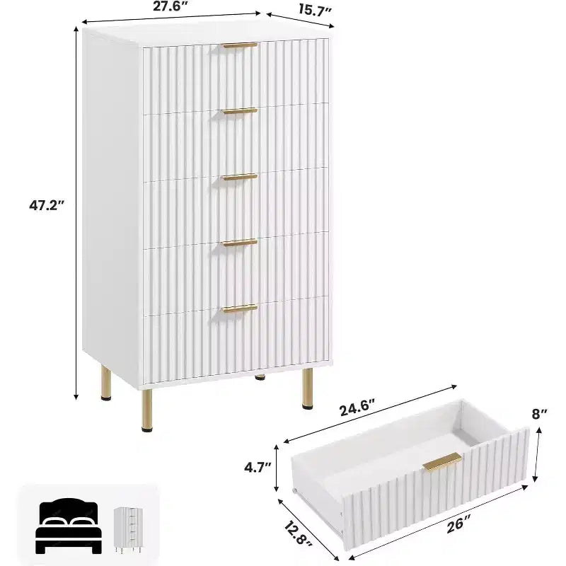 Modern Fluted 5 Drawer Dresser  48 Tall Wooden Chest with Deep Storage, Wide Top,for Home Office