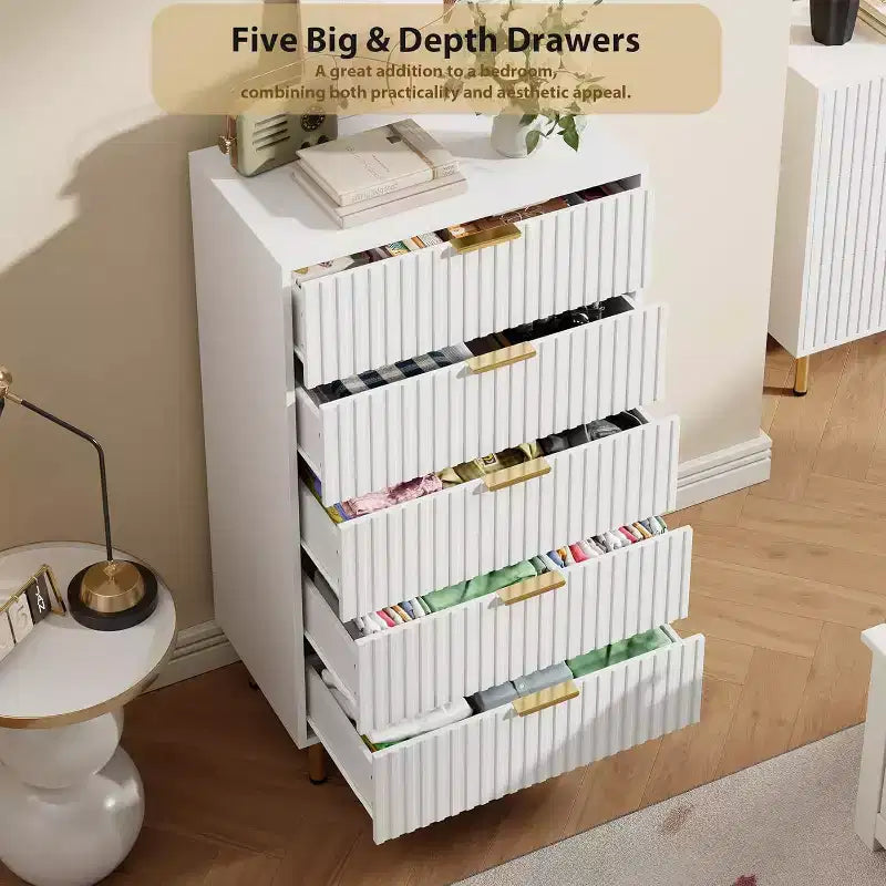 Modern Fluted 5 Drawer Dresser  48 Tall Wooden Chest with Deep Storage, Wide Top,for Home Office