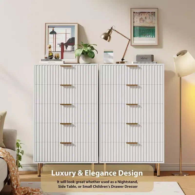 Modern Fluted 5 Drawer Dresser  48 Tall Wooden Chest with Deep Storage, Wide Top,for Home Office