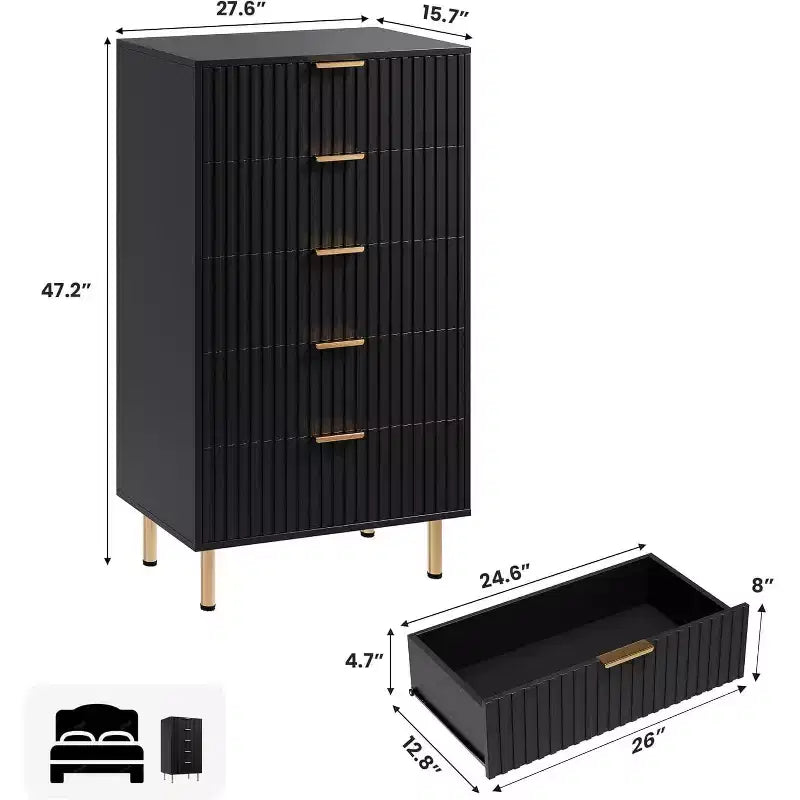 Modern Fluted 5 Drawer Dresser  48 Tall Wooden Chest with Deep Storage, Wide Top,for Home Office