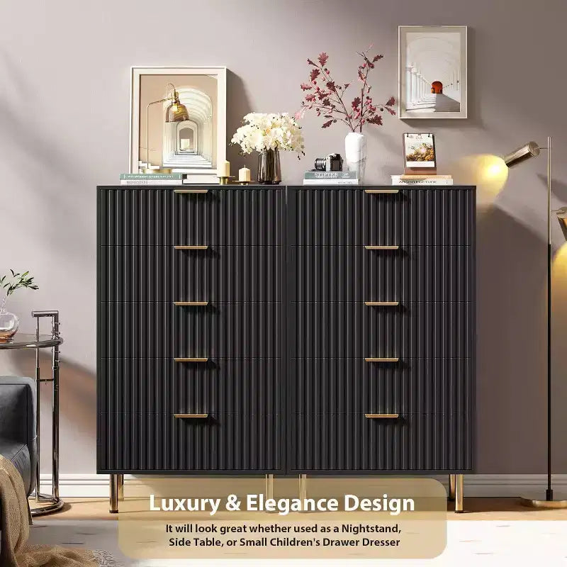 Modern Fluted 5 Drawer Dresser  48 Tall Wooden Chest with Deep Storage, Wide Top,for Home Office