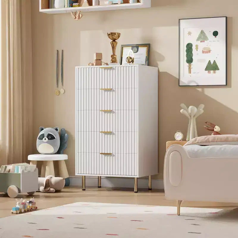Modern Fluted 5 Drawer Dresser  48 Tall Wooden Chest with Deep Storage, Wide Top,for Home Office