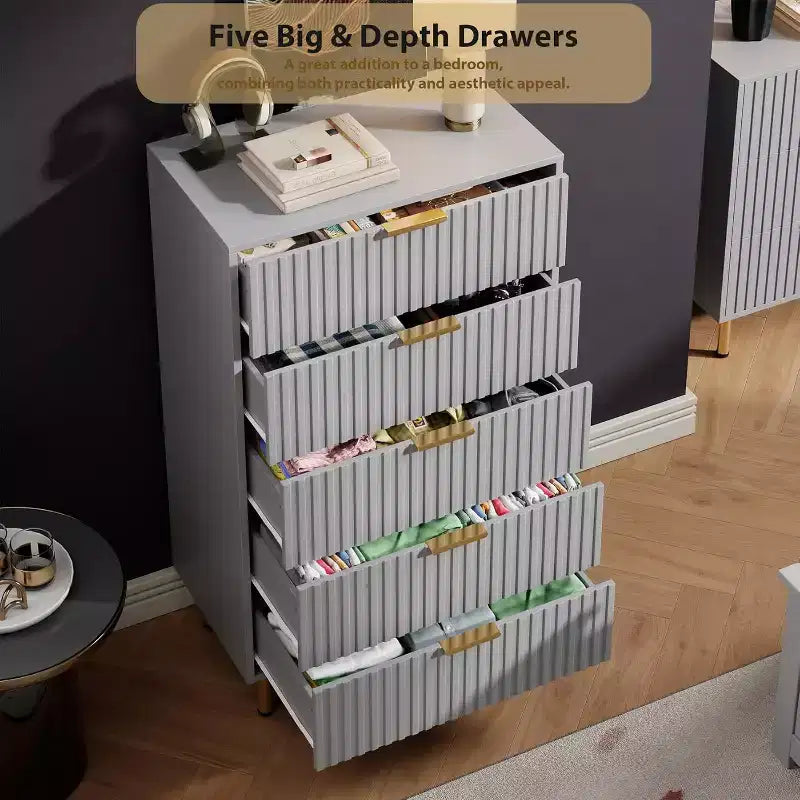 Modern Fluted 5 Drawer Dresser  48 Tall Wooden Chest with Deep Storage, Wide Top,for Home Office