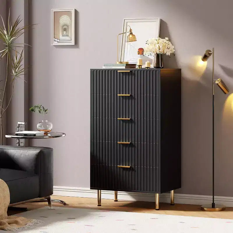 Modern Fluted 5 Drawer Dresser  48 Tall Wooden Chest with Deep Storage, Wide Top,for Home Office