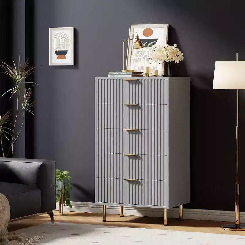 Modern Fluted 5 Drawer Dresser  48 Tall Wooden Chest with Deep Storage, Wide Top,for Home Office