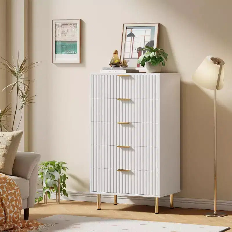 Modern Fluted 5 Drawer Dresser  48 Tall Wooden Chest with Deep Storage, Wide Top,for Home Office