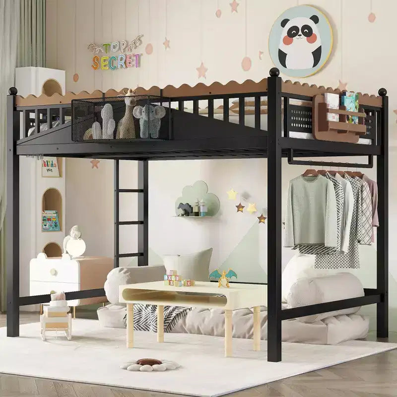ModernLuxe Twin XL/Full/Queen Size Metal Loft Bed with Storage Shelves & Ladder, No Box Spring Needed, Black