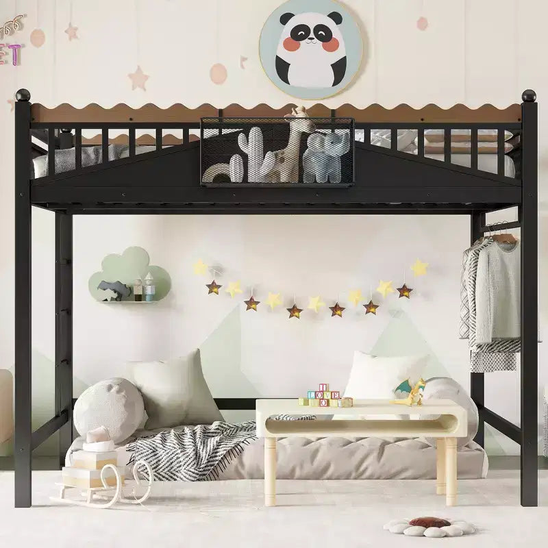 Twin XL/Full/Queen Size Metal Loft Bed with Storage Shelves & Ladder, No Box Spring Needed, Black