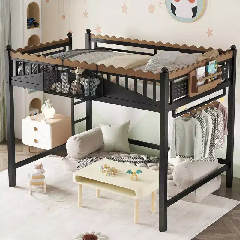 Twin XL/Full/Queen Size Metal Loft Bed with Storage Shelves & Ladder, No Box Spring Needed, Black