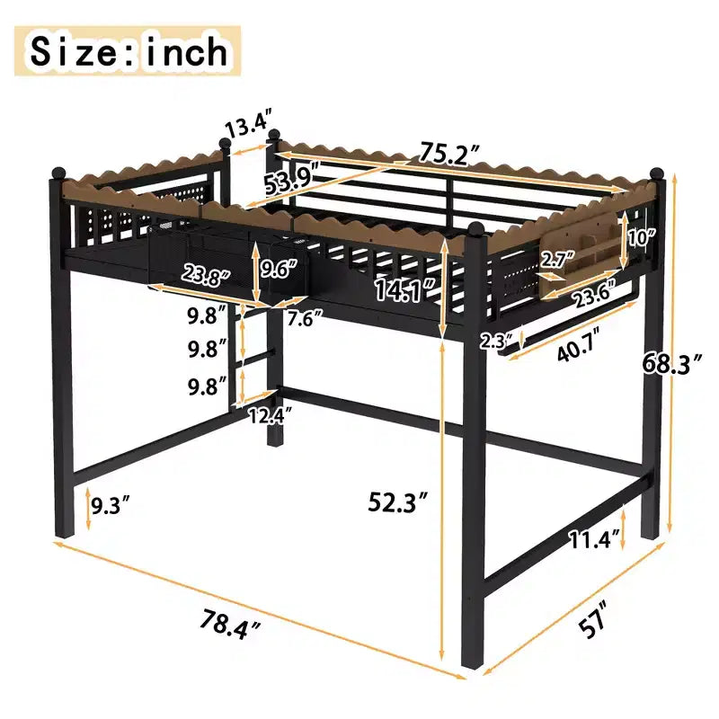 Twin XL/Full/Queen Size Metal Loft Bed with Storage Shelves & Ladder, No Box Spring Needed, Black