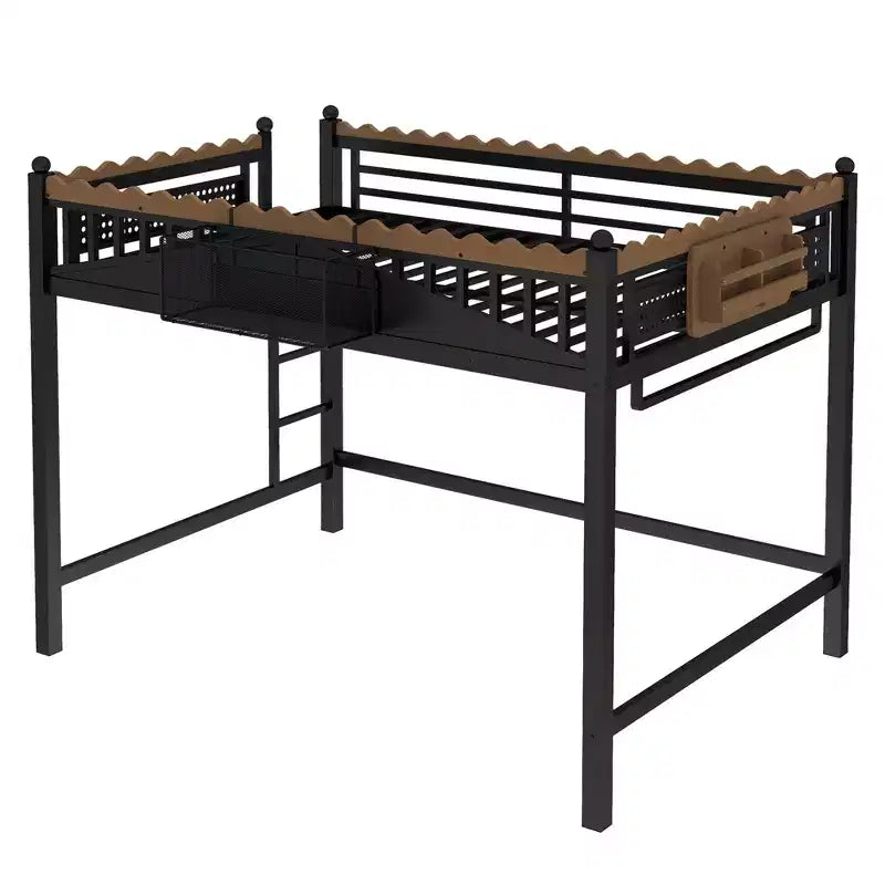 Twin XL/Full/Queen Size Metal Loft Bed with Storage Shelves & Ladder, No Box Spring Needed, Black