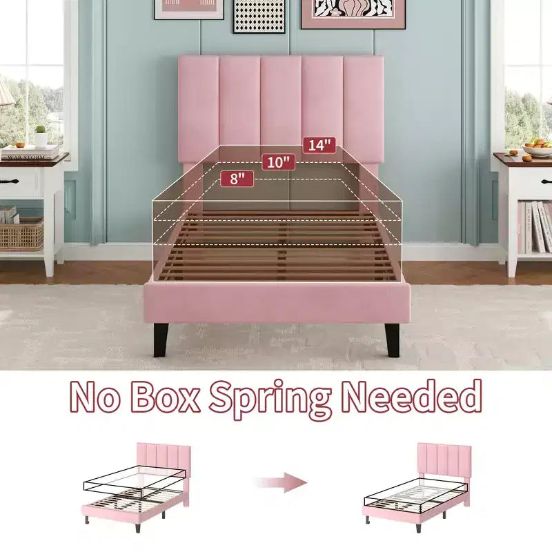 Upholstered Platform Bed Frame with Adjustable Height Vertical Channel Tufted Headboard, Sturdy Wooden Slats, Noise-Free