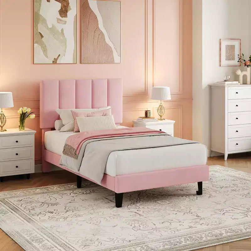 Upholstered Platform Bed Frame with Adjustable Height Vertical Channel Tufted Headboard, Sturdy Wooden Slats, Noise-Free