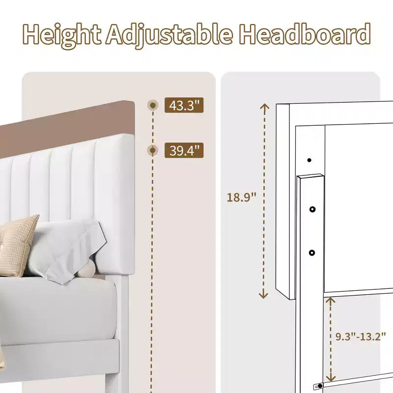 Upholstered Platform Bed Frame with Adjustable Height Vertical Channel Tufted Headboard, Sturdy Wooden Slats, Noise-Free
