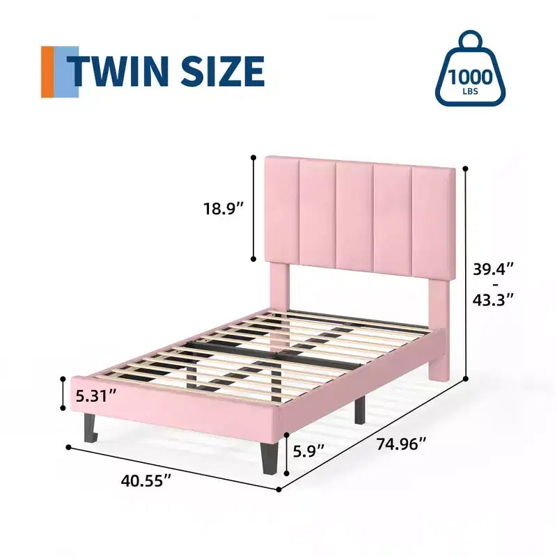 Upholstered Platform Bed Frame with Adjustable Height Vertical Channel Tufted Headboard, Sturdy Wooden Slats, Noise-Free