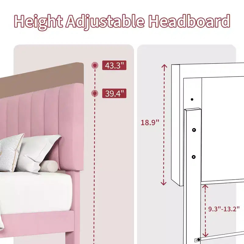 Upholstered Platform Bed Frame with Adjustable Height Vertical Channel Tufted Headboard, Sturdy Wooden Slats, Noise-Free