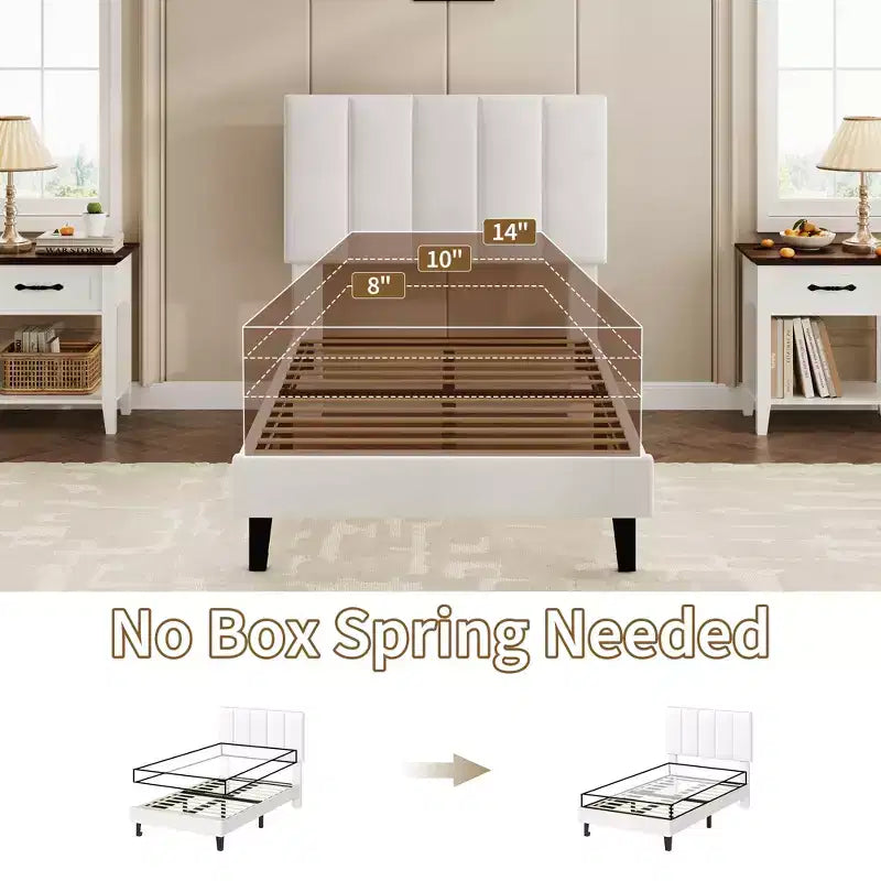 Upholstered Platform Bed Frame with Adjustable Height Vertical Channel Tufted Headboard, Sturdy Wooden Slats, Noise-Free