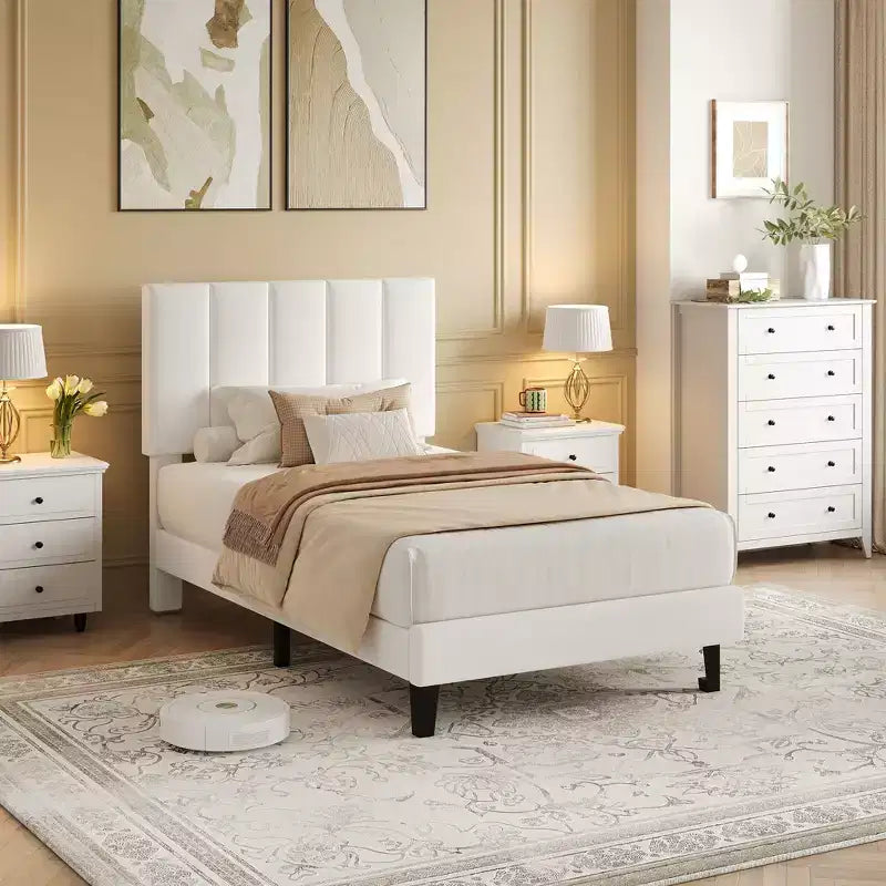 Upholstered Platform Bed Frame with Adjustable Height Vertical Channel Tufted Headboard, Sturdy Wooden Slats, Noise-Free
