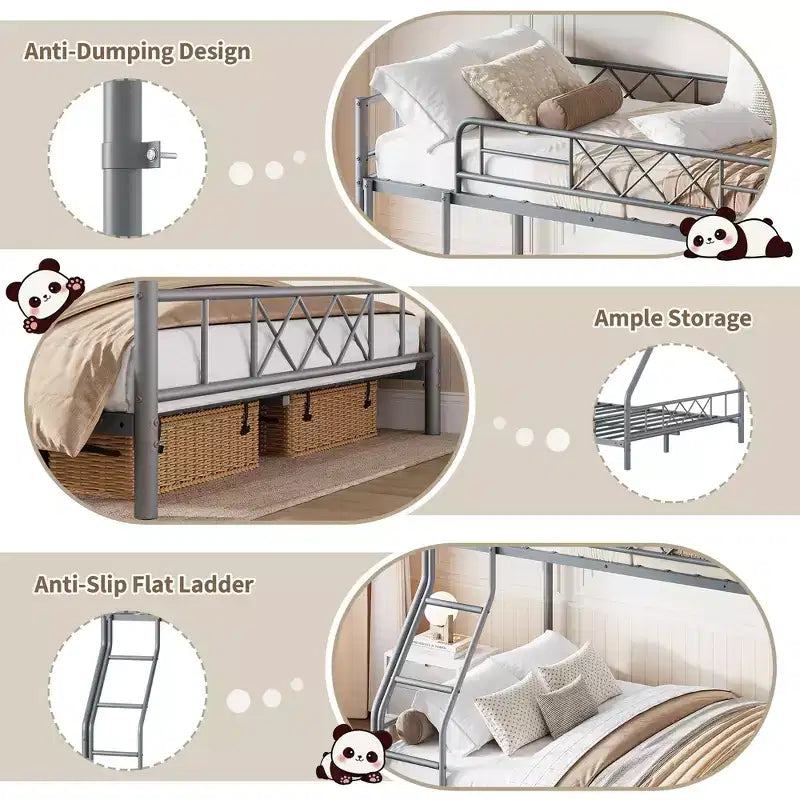 Metal Twin Over Full Bunk Bed Frame for Adults & Kids, Low Profile Space-Saving Bunkbed with Ladder & Full-Length Guardrail, No Box Spring Needed