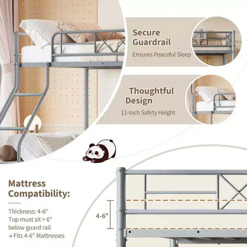 Metal Twin Over Full Bunk Bed Frame for Adults & Kids, Low Profile Space-Saving Bunkbed with Ladder & Full-Length Guardrail, No Box Spring Needed