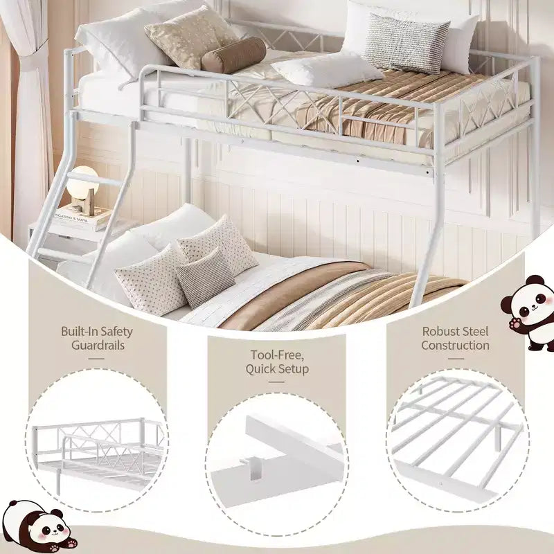 Metal Twin Over Full Bunk Bed Frame for Adults & Kids, Low Profile Space-Saving Bunkbed with Ladder & Full-Length Guardrail, No Box Spring Needed
