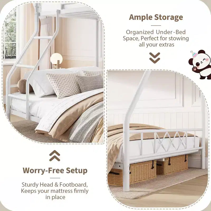 Metal Twin Over Full Bunk Bed Frame for Adults & Kids, Low Profile Space-Saving Bunkbed with Ladder & Full-Length Guardrail, No Box Spring Needed