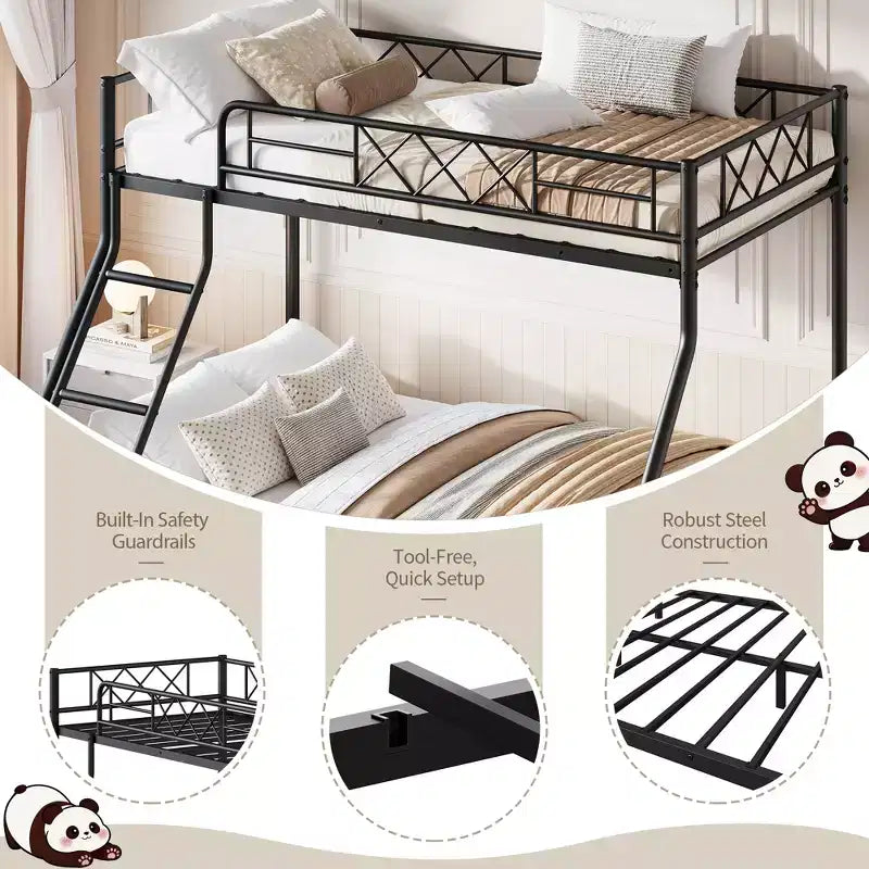 Metal Twin Over Full Bunk Bed Frame for Adults & Kids, Low Profile Space-Saving Bunkbed with Ladder & Full-Length Guardrail, No Box Spring Needed