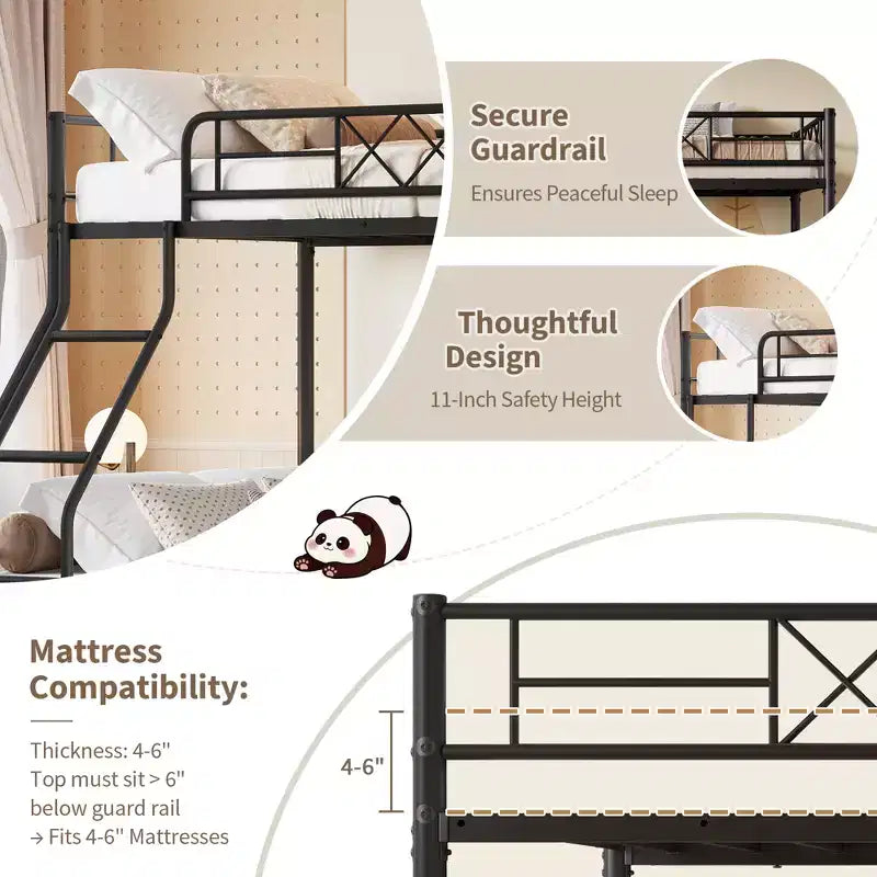 Metal Twin Over Full Bunk Bed Frame for Adults & Kids, Low Profile Space-Saving Bunkbed with Ladder & Full-Length Guardrail, No Box Spring Needed