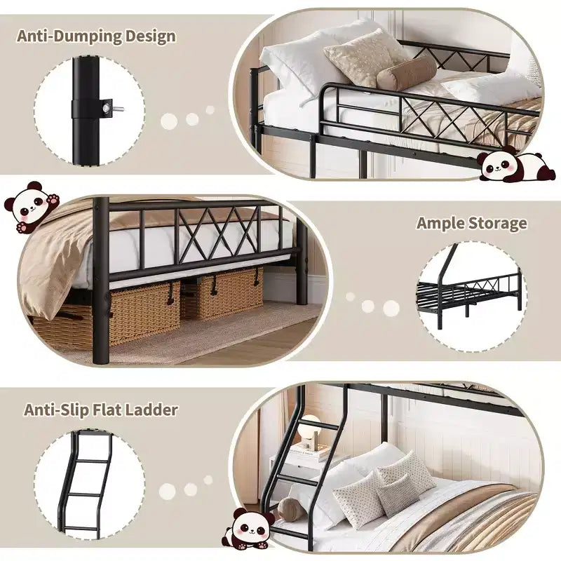 Metal Twin Over Full Bunk Bed Frame for Adults & Kids, Low Profile Space-Saving Bunkbed with Ladder & Full-Length Guardrail, No Box Spring Needed