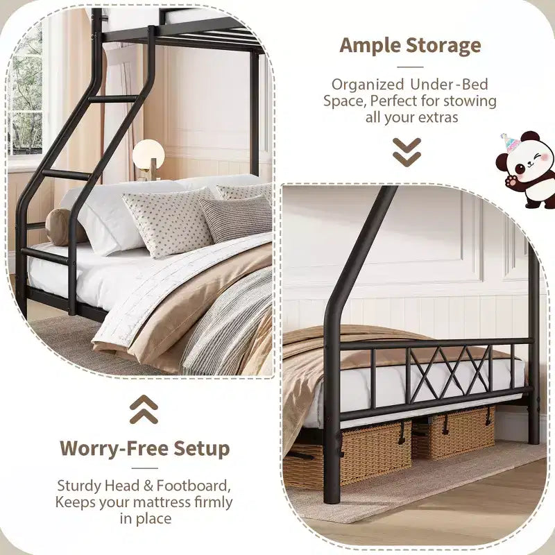 Metal Twin Over Full Bunk Bed Frame for Adults & Kids, Low Profile Space-Saving Bunkbed with Ladder & Full-Length Guardrail, No Box Spring Needed