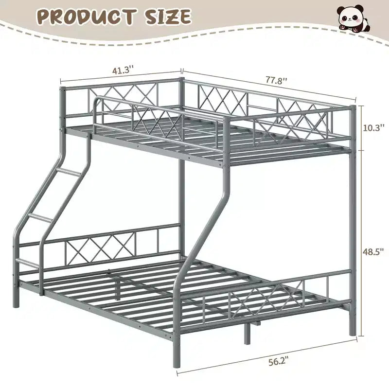 Metal Twin Over Full Bunk Bed Frame for Adults & Kids, Low Profile Space-Saving Bunkbed with Ladder & Full-Length Guardrail, No Box Spring Needed