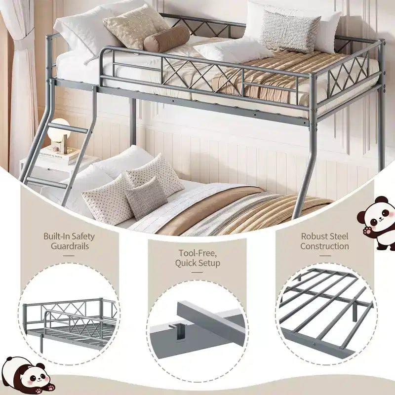 Metal Twin Over Full Bunk Bed Frame for Adults & Kids, Low Profile Space-Saving Bunkbed with Ladder & Full-Length Guardrail, No Box Spring Needed