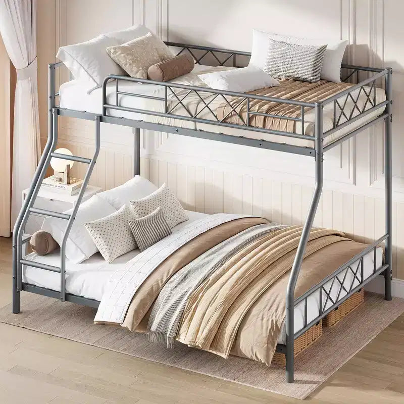 Metal Twin Over Full Bunk Bed Frame for Adults & Kids, Low Profile Space-Saving Bunkbed with Ladder & Full-Length Guardrail, No Box Spring Needed