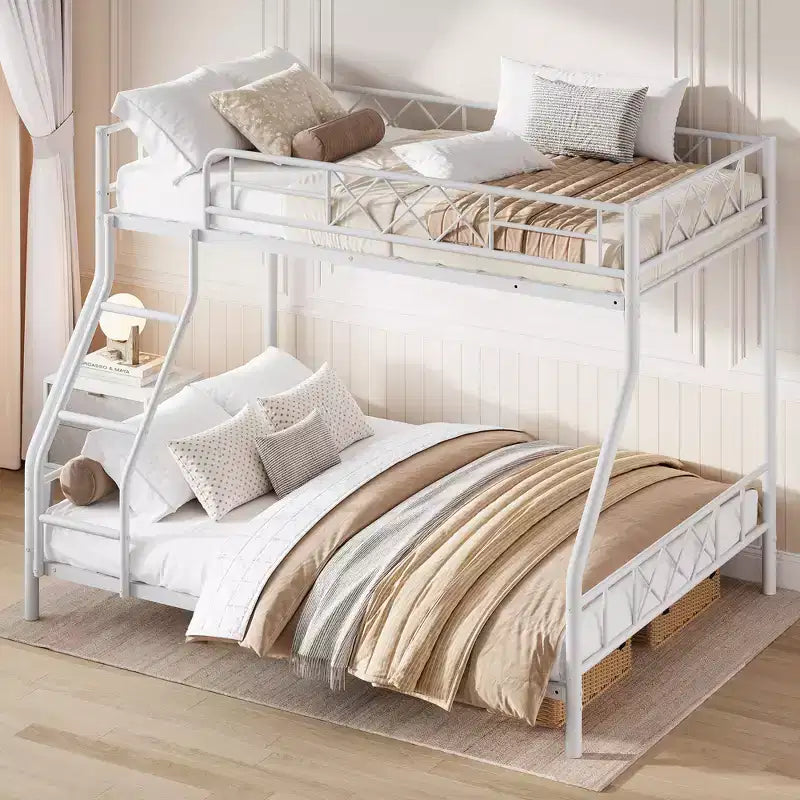 Metal Twin Over Full Bunk Bed Frame for Adults & Kids, Low Profile Space-Saving Bunkbed with Ladder & Full-Length Guardrail, No Box Spring Needed