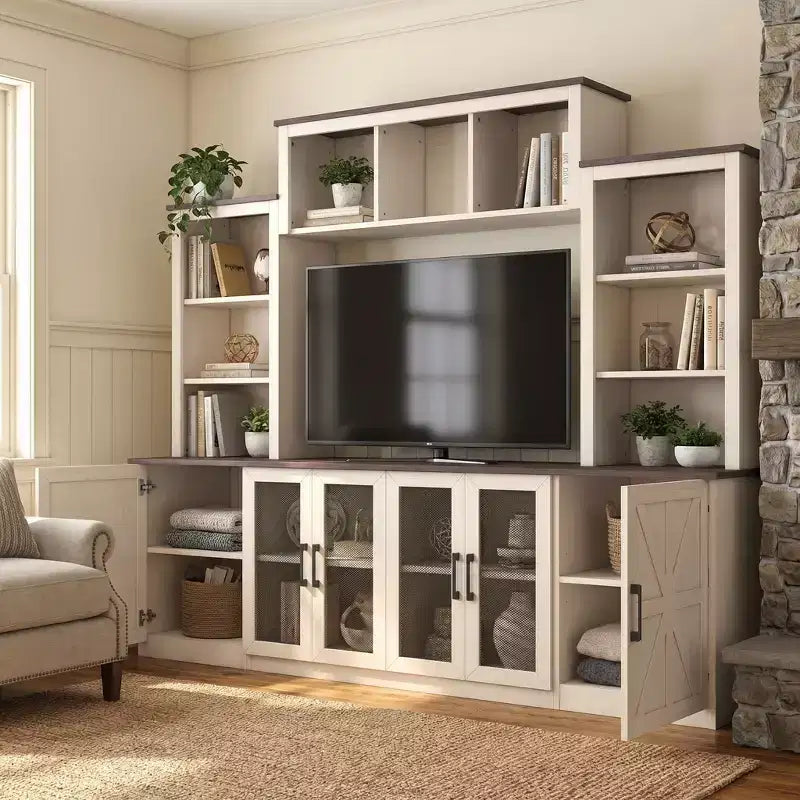 Wall-Mounted Entertainment Center TV Stand with Ample Storage and Charging Station Modern TV Stand Media Center, Beige